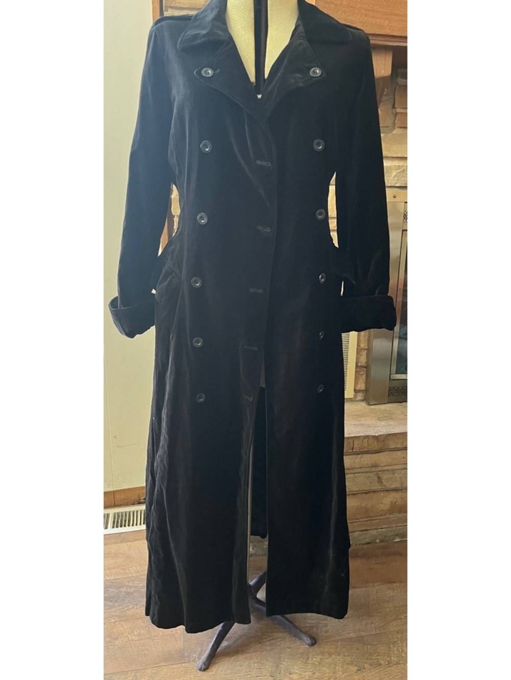 DKNY Jeans Black 100% Cotton Velvet Maxi Trench Coat Goth Whimsigoth Size L